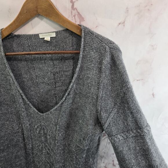 Garnet Hill Sweater Womens Small Gray Alpaca Wool V Balloon Sleeve Pointelle - Picture 9 of 10